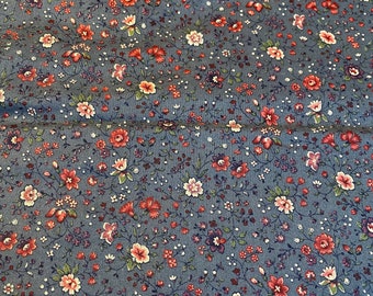 Flowers on Blue - Vintage Fabric Mod New Old Stock Daisies All Over Floral Flowers Burgundy Wildflowers