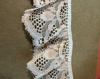 Vintage White Pink Lace Trim – 80s Gathered Doll Clothes Fabric (3 Yards)