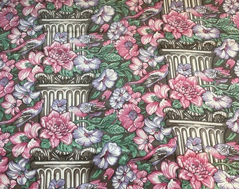Vintage Fabric - Birds Columns Scenic Brown Pink