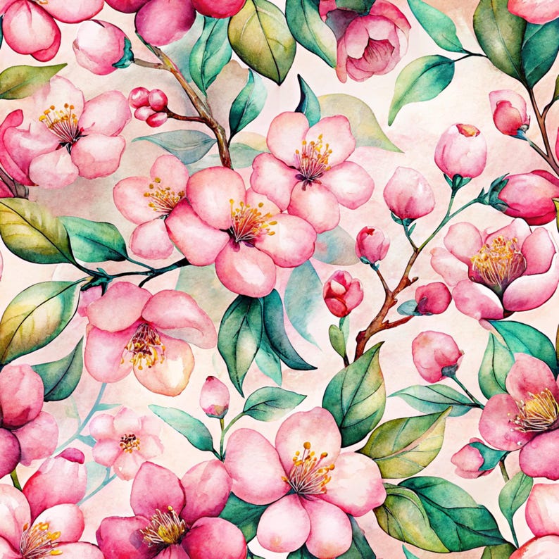 Pink Watercolor Floral Printable Paper Seamless JPG Shabby Chic Digital ...