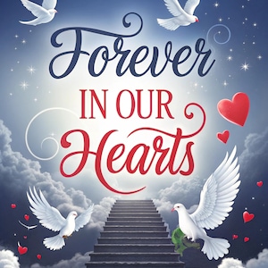 Forever In Our Hearts Backdrop | Blue Memorial Background | Stairs to Heaven | PNG Download | Memorial Design | Bereavement