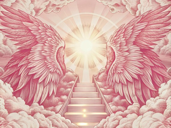 Heaven Stairway Memorial Art: Angel Wings, Doves Background (PNG