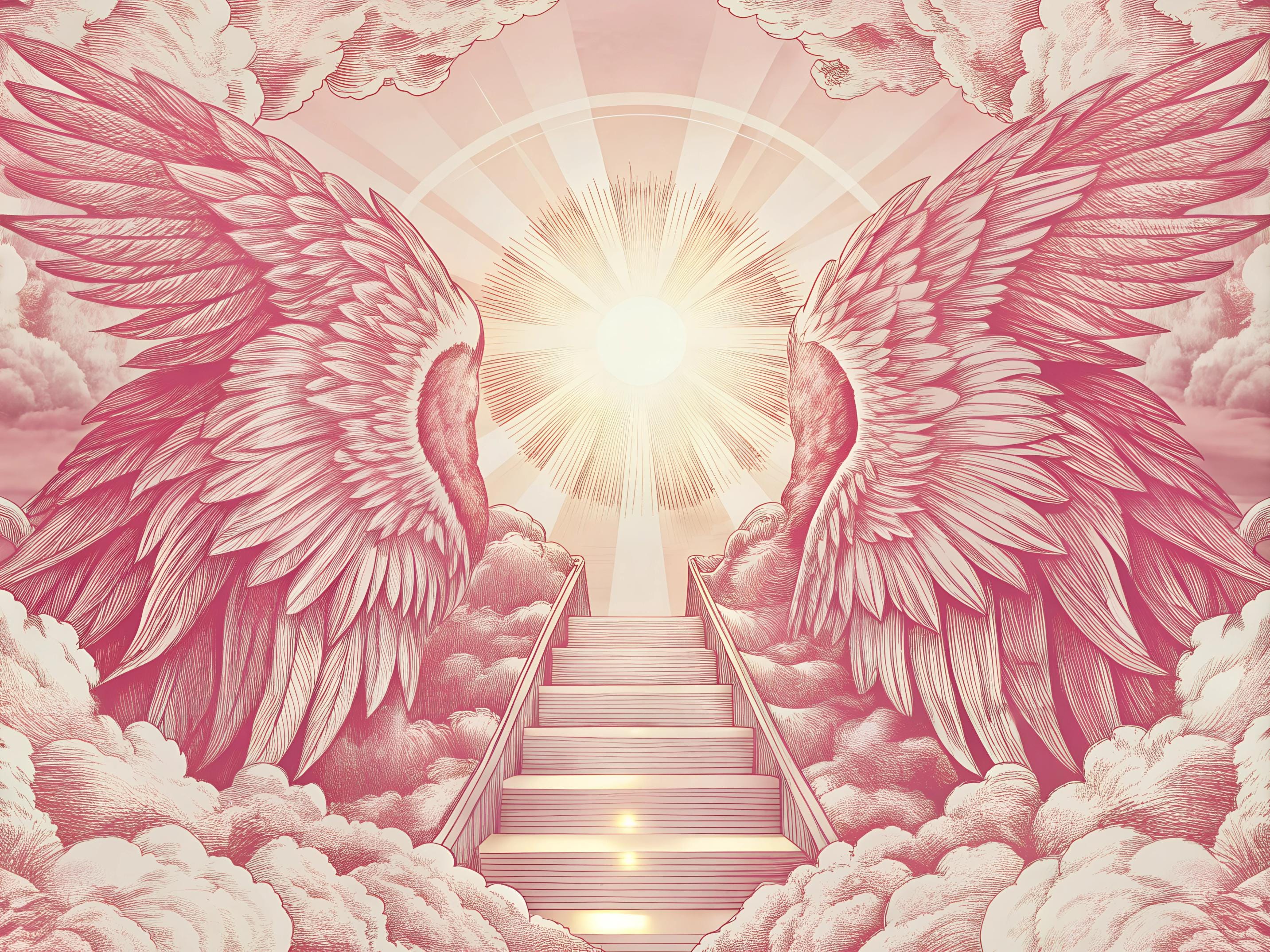 Heaven Stairway Memorial Art: Angel Wings, Doves Background (PNG