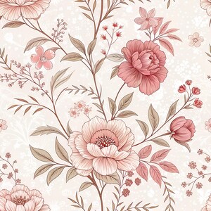 May include: A seamless pattern featuring delicate pink and brown flowers with intricate details on a white background. The floral design is perfect for creating a romantic and elegant aesthetic.