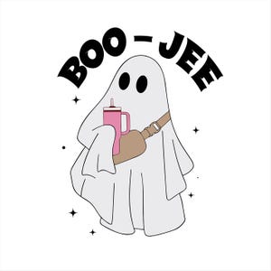 May include: A white ghost with a pink and black cup in its hand. The ghost is wearing a brown and black strap across its chest. The text "BOO-JEE" is written in black above the ghost.