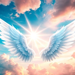 Memorial Image with Heart Clouds And Angel Wings, Ray Of Light, In Loving Memory, Heaven Background, Never Forgotten, Digital Download