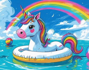 Boia de piscina de unicórnio caprichosa – Arte fofa para imprimir no verão para quarto infantil