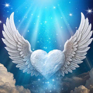 Memorial Image with Heart Clouds And Angel Wings, Ray Of Light, In Loving Memory, Heaven Background, Never Forgotten, Digital Download