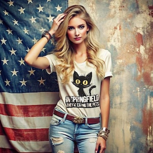 Puede incluir: Camiseta color crema con un gráfico de gato negro y el texto "IN SPRINGFIELD THEY'RE EATING THE PETS." La camiseta se combina con vaqueros azules y un cinturón marrón. El fondo presenta una bandera americana y una pared texturizada.