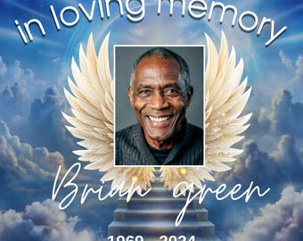 Foto Memorial Personalizável - 5 Imagens + Modelo | Fundo de Anjo | Asas e Escada para o Céu | Editar no Canva
