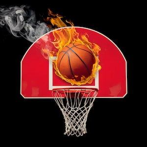 May include: A basketball engulfed in flames, set against a red backboard with a white square and a white net. Smoke drifts from the top left, creating a dynamic and energetic visual.