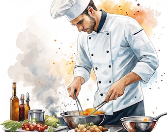 Aquarell Koch Clipart: Kochen mit Topf & Löffel (PNG, JPG Digital Download)