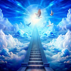 May include: A stairway to heaven, ascending into a bright blue sky with white clouds.  Three white doves fly above the stairway, symbolizing peace and hope.