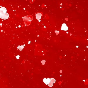 May include: A red background with white hearts scattered throughout. The hearts are of varying sizes and are slightly transparent.