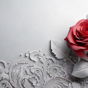May include: A single red rose with white paper leaves and a white paper background with intricate floral designs.