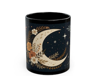 Moonlit Floral Black Mug, Celestial Coffee Cup for Night Owls, Dark Aesthetic Gift for Astrology Lovers, 11oz, 15oz