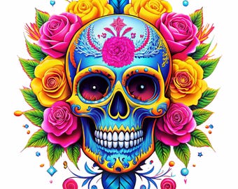 Clipart de sublimación de calavera floral: Diseño colorido de calavera de azúcar (descarga digital)