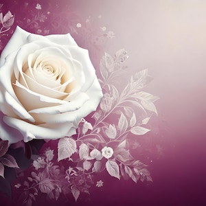 May include: A single white rose with a soft, creamy center, surrounded by delicate, faded purple foliage. The background is a gradient of purple and white.