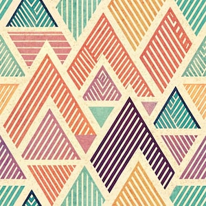 May include: Geometric pattern featuring colorful triangles in shades of orange, purple, teal, and yellow. The triangles are filled with vertical stripes and arranged on a cream-colored background, creating a retro design.