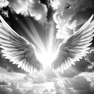 Puede incluir: Un par de alas de ángel grandes y blancas extendidas sobre un fondo de nubes oscuras y claras. Las alas son plumosas y detalladas, con una luz brillante que brilla a través del centro.