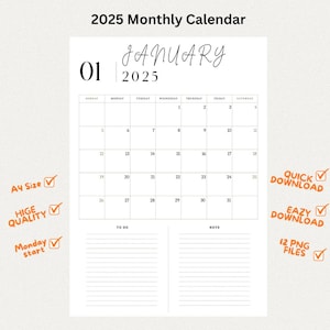 2025 Calendar 2025 Monthly Planner Landscape Elegant Monthly Calendar Start 2025 A4 Letter Size Wall Calendar PRINTABLE PDF and 12 png files
