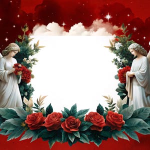 May include: Two angels with white wings and white gowns stand on either side of a white frame. They are surrounded by red roses and green leaves. The background is a red and white cloudy sky.