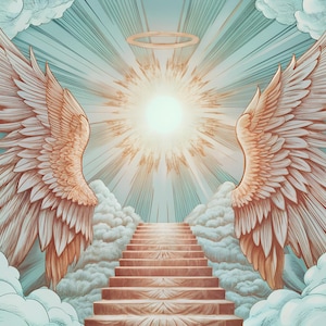 Stair Step to Heaven, AI Art, Christian, Funeral, Blue, Heaven, Memorial, Doves, Background Digital Downloadable, Instant PNG Download