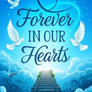 Forever In Our Hearts Backdrop | Blue Memorial Background | Stairs to Heaven | PNG Download | Memorial Design | Bereavement