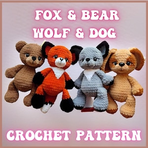 Può includere: Schema di uncinetto per realizzare giocattoli di peluche. Lo schema include istruzioni per realizzare una volpe, un orso, un lupo e un cane. I giocattoli sono realizzati con filato e hanno una consistenza soffice.