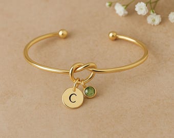 Gold Knot Bangle Bracelet: Personalized Initial & Birthstone Charm