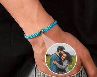 May include: A turquoise braided bracelet with a magnetic clasp is shown on a wrist. A small circular image of a couple embracing is visible near the bracelet. The bracelet is made of a woven material.