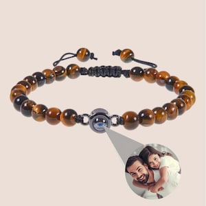 Personalized Photo Beaded Bracelet: Custom Projection Charm, Dad Gift, Couples Gift for Valentines