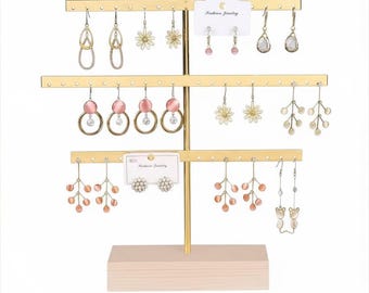 Support pour boucles d'oreilles 52 trous, support pour bijoux en métal avec base en bois