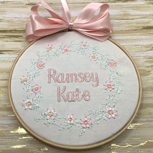 Embroidered Baby Girl Name Hoop: Floral Welcome Sign