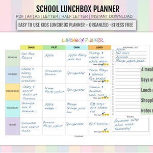 Kids Colorful Lunchbox Checklist, Toddler Healthy Lunchbox, School Lunchbox Planner, Lunchbox Menu Template, Printable Healthy Lunch Box PDF