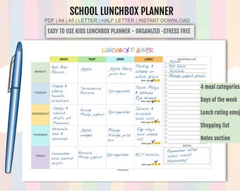 Menù per il pranzo dei bambini, menù per il pranzo scolastico, lista di controllo per alimenti sani (PDF stampabile, download digitale)