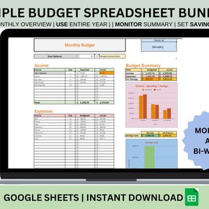 Budget Planner Bundle for Google Sheets Simple Monthly Budget Spreadsheet Budget Paycheck Tracker Weekly Budget Template Biweekly Budgeting