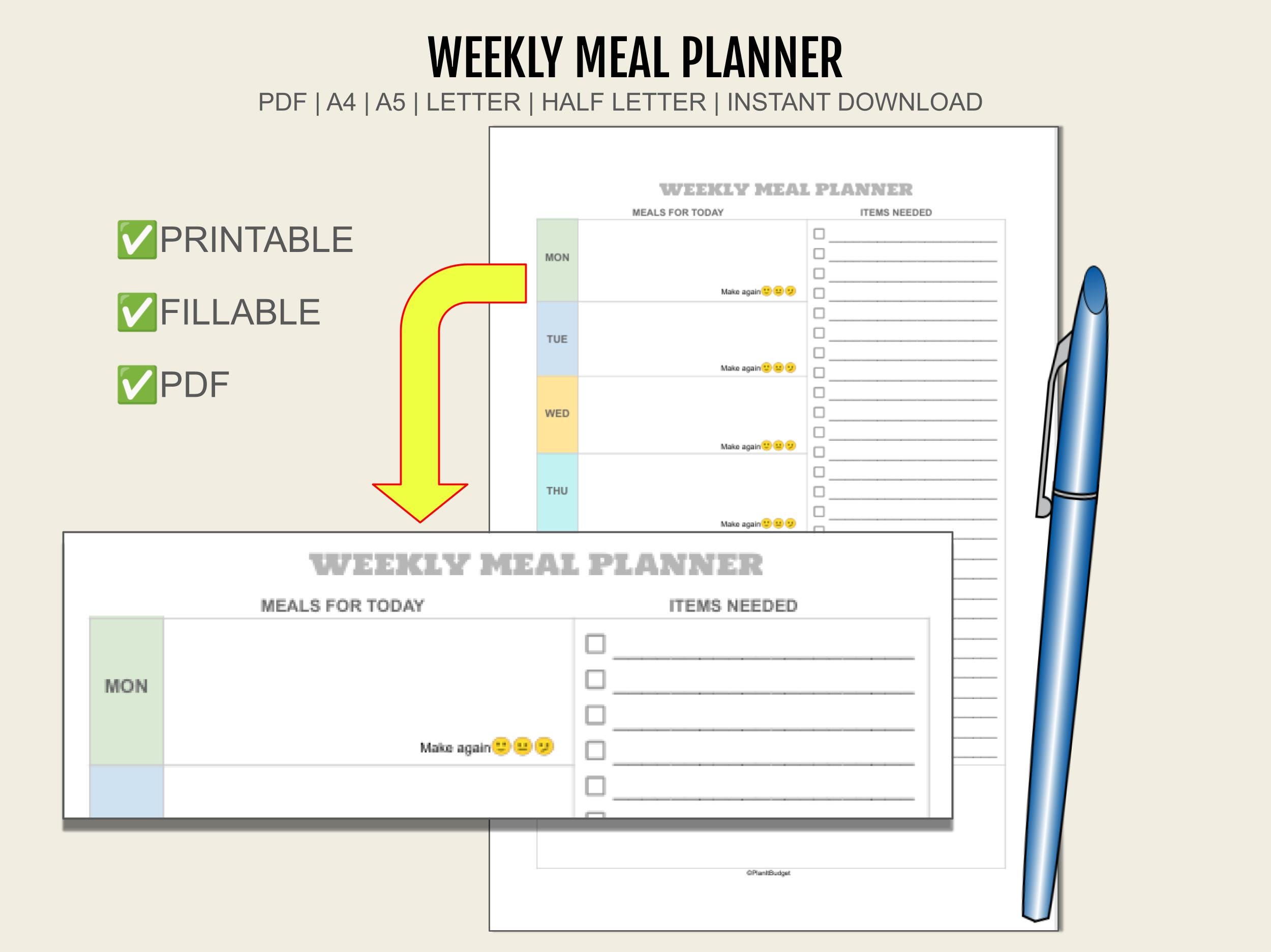 Printable Weekly Meal Planner With Grocery List 7 Day Template (digital ...
