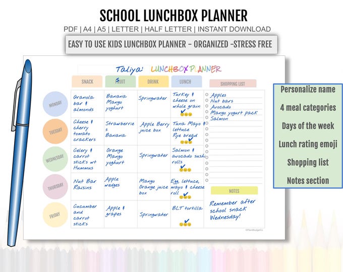 Kids Meal Planner | Kids Lunch Ideas Printable | School Lunch Meal ...
