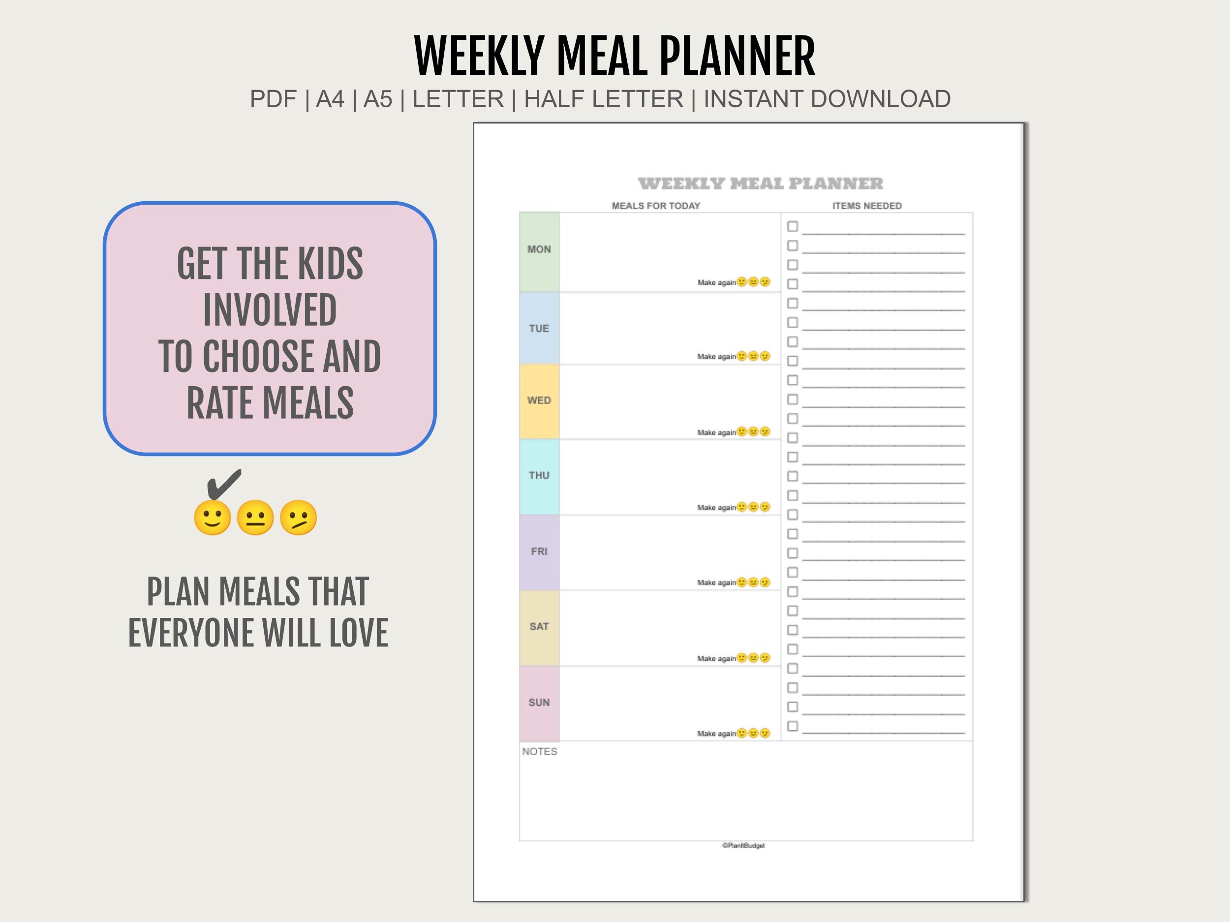Printable Weekly Meal Planner With Grocery List 7 Day Template (digital ...