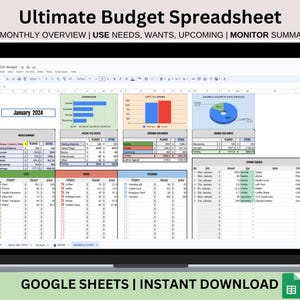 Budget Spreadsheet Monthly Planner for Google Sheets, 50/30/20 Paycheck Budget Tracker, Personal Finances Template for Needs Wants Budgeting