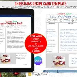 May include: Printable Christmas recipe card template for Aussie Christmas Trifle. The template includes a list of ingredients, directions, and notes. The template is available in two sizes and can be edited using Canva or Google Slides.