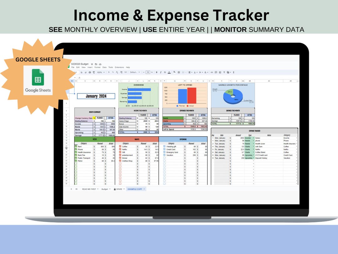 Google Sheets Income and Expense Tracker, Monthly Budget Template ...