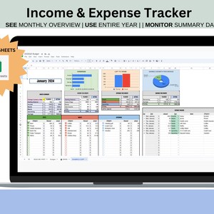 Puede incluir: Una pantalla de computadora portátil que muestra una hoja de cálculo de Google Sheets con un rastreador de presupuesto para enero de 2024. La hoja de cálculo incluye gráficos y diagramas para visualizar los ingresos y los gastos.