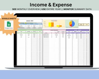 Puede incluir: Una captura de pantalla de una hoja de cálculo de Google Sheets en la pantalla de una computadora portátil. La hoja de cálculo se titula "Ingresos y gastos" y muestra una descripción general mensual de los ingresos y gastos para enero de 2024. La hoja de cálculo incluye un resumen de los ingresos y gastos, así como un desglose de las transacciones individuales.