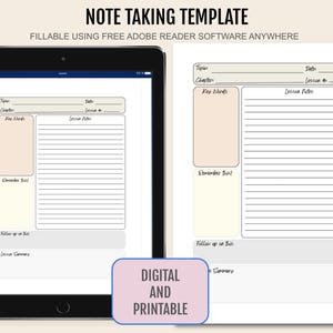 May include: A digital and printable note-taking template with sections for topic, chapter, date, lesson number, key words, lesson notes, remember this, and follow up on this. The template is designed for use with Adobe Reader software.