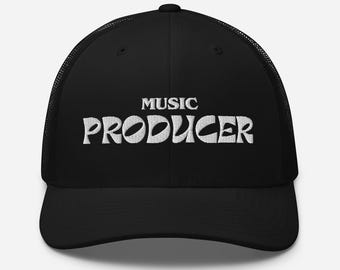 May include: Black trucker hat with a white embroidered logo that says "MUSIC PRODUCER" in a retro font.