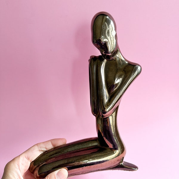 Vintage African Nude Woman Ceramic Statue /  Art Deco Bronze Metalic Glaze, Modernist Sculpture Figurine, Karl Hagenauer Style