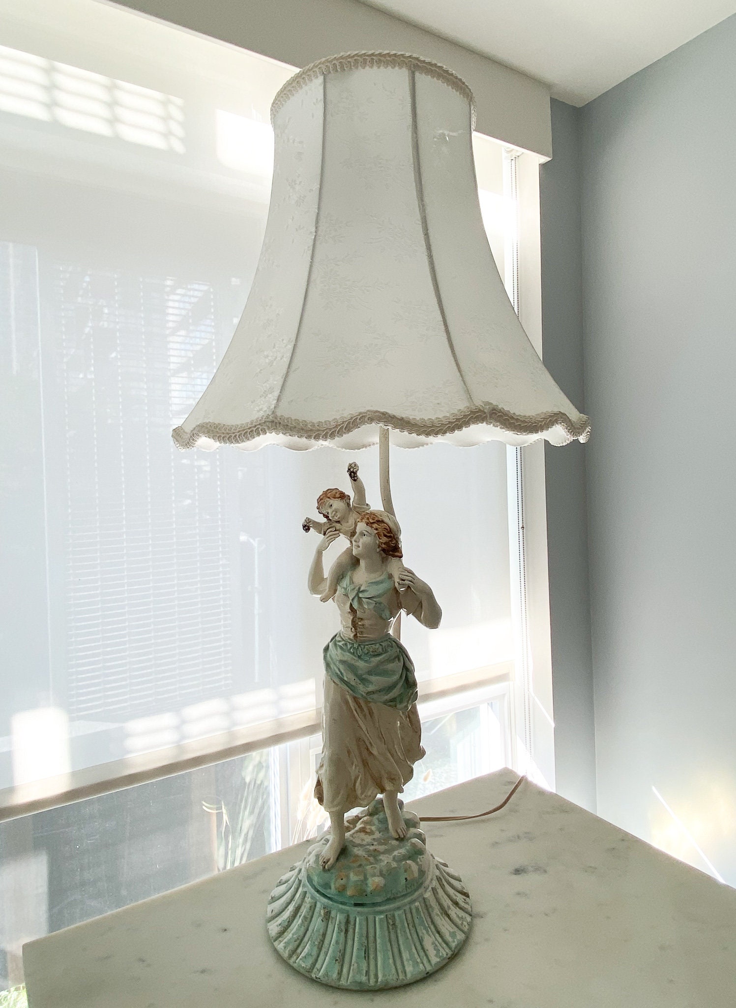 Antique Emile Jonchery Ernest Rancoulet Table Lamp / French Sculpture Spelter Lamp, Woman Child Figurine Lamps