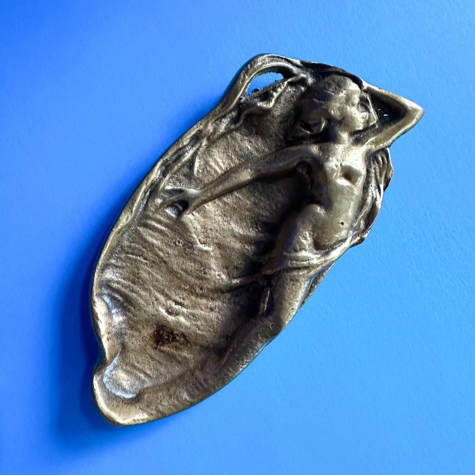 Antique Nude Woman Mermaid Bronze Relief Design Dish / Vintage Art Nouveau Trinket Tray, Ring Bowl, Paper Weight, Business Card Tray Holder
